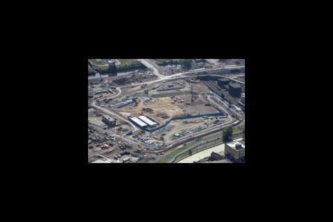 Construction work starts on the handball arena, July 2009, aerial view